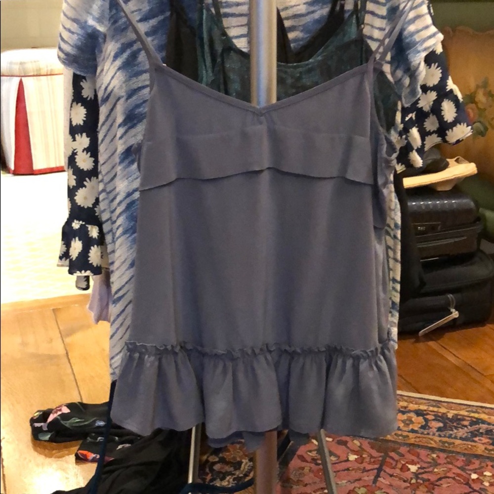 Blue silk ruffle top PJK the man repeller